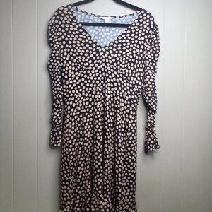 Miss Selfridge Dress 4 V-Neck 3/4 Gathered Ruffle Sleeve Dots Black Tan